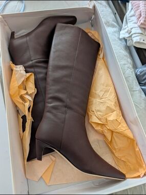 Quince Italian Leather Tall Kitten Heel Boots 7.5 NIB Chocolate Brown Square Toe